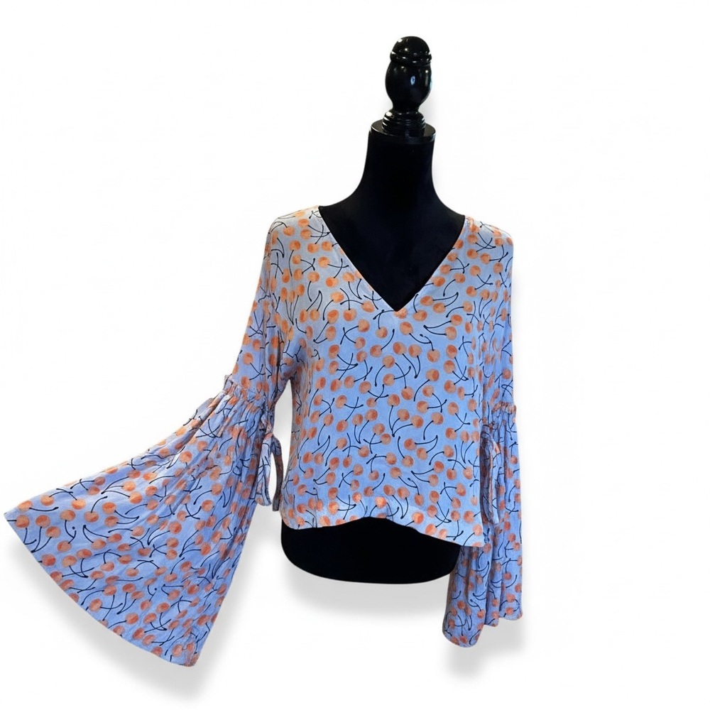 Free People Women's Cherry Pie Top Bell Sleeve Blouse Blue Orange Boho Small
